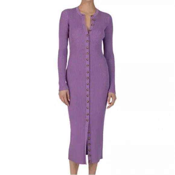 Purple Ribbed Button-Down Long Sleeve Dress - Picture 1 of 4